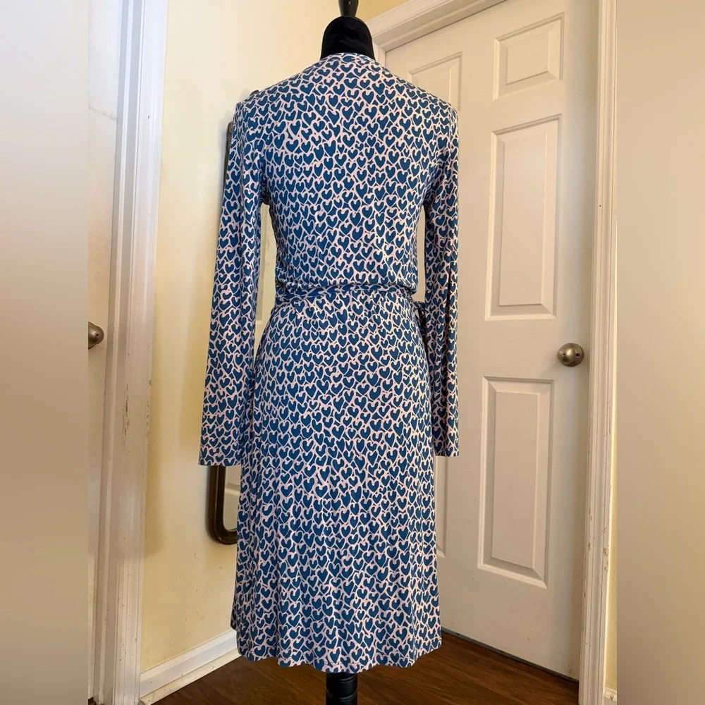 Boden Blue.& Pink Heart Print Wrap Stretch Jersey Dress Size 8 Long Sleeve - Picture 6 of 7